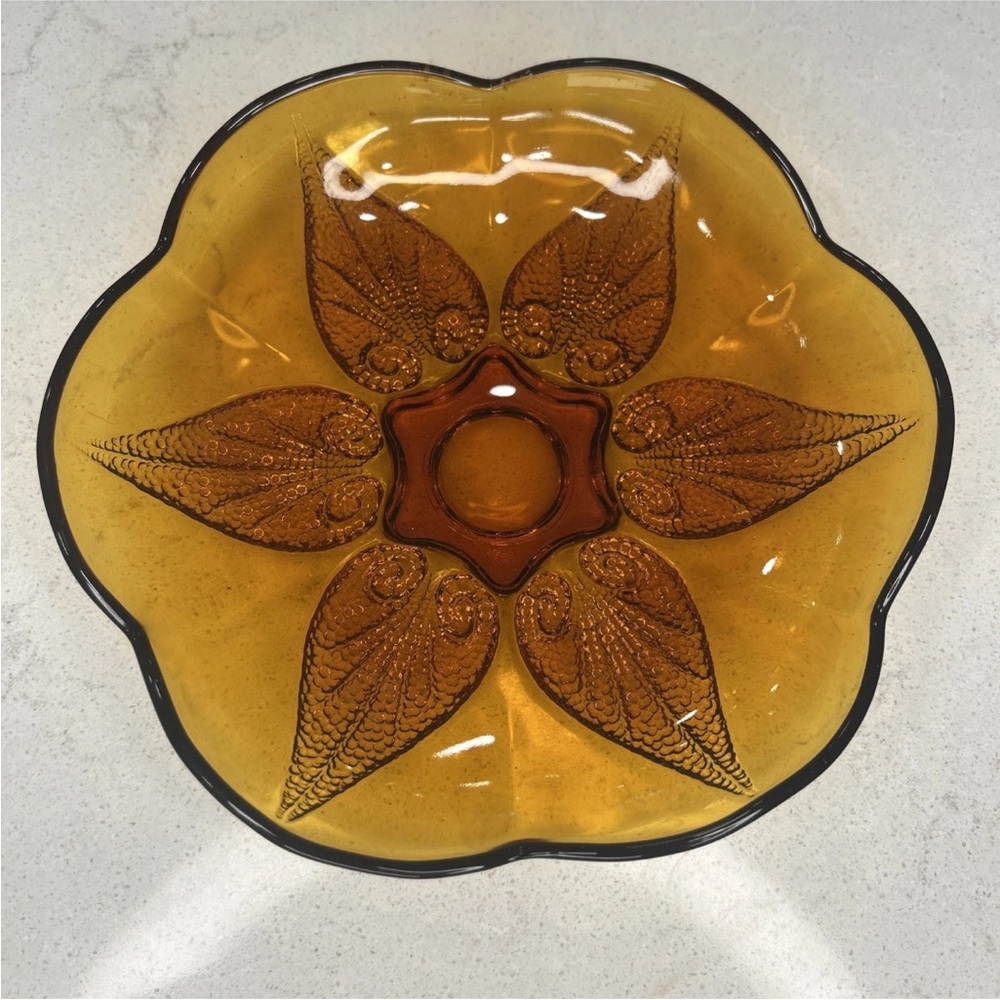 Indiana Glass Embossed Floral Motif Amber Glass Scalloped Bowl Vintage
